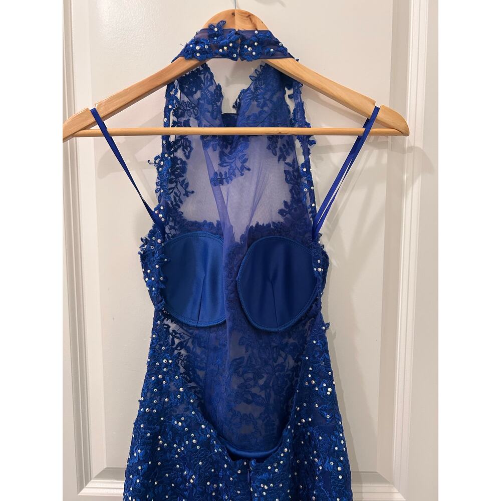 Jovani Royal Blue Beaded Illusion Halter Floor Length Gown Dress Size 6 - Picture 6 of 11